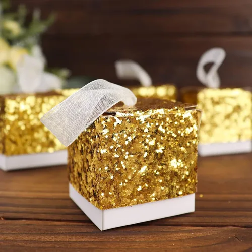 Vista 4 de Tableclothsfactory Paquete de 25 cajas de regalo con lentejuelas doradas de 2 pulgadas con lazo de cinta blanca, cajas de recuerdo de fiesta, cajas