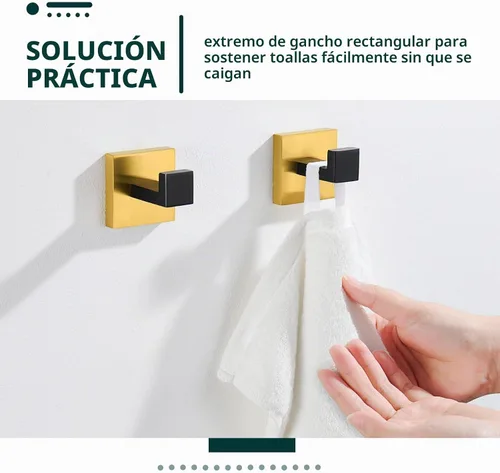 Vista 5 de Angle Simple Gancho para toallas, negro y dorado, paquete de 2, gancho para abrigos de acero inoxidable 304, gancho para bata de baño