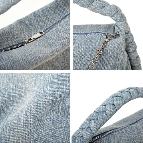 Vista 6 de Bolso de mezclilla vintage para mujer, bolso de mezclilla tejido con asa superior, bolso cruzado ligero de diseñador con cadena
