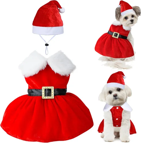Vista 8 de GOYOSWA Vestido de Navidad para Gatos y Gatitas, Disfraz de Santa para Mascotas, Ropa Festiva de Navidad, Vestidos de Navidad para Gatitas y Gatos