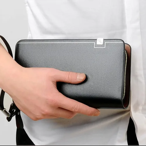 Vista 6 de Bolso de mano para hombre, bolso de mano de cuero genuino, con cremallera, cartera larga, para negocios, grande, soporte para teléfono