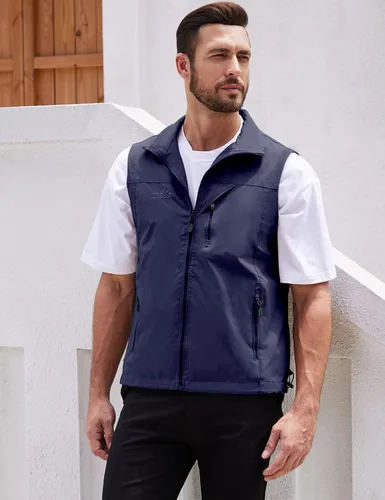 Vista 3 de Gihuo Chaleco ligero de golf para hombre, chaleco de pesca, safari, chaleco softshell casual sin mangas, ropa de abrigo