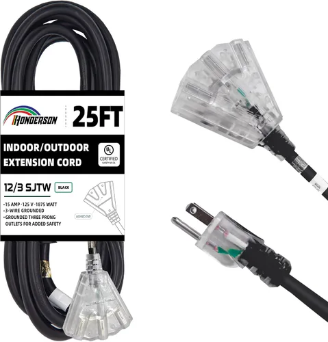 Vista 42 de Cable de extensión GFCI iluminado de 3 pies con 3 tomas de corriente, cable de extensión negro resistente SJTW 12/3 con enchufe a tierra de 3