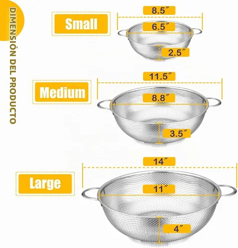 Vista 2 de E-far Juego de 3 coladores de acero inoxidable (1-3-5 cuartos de galón), colador de metal microperforado con mango para cocina/escurrimiento