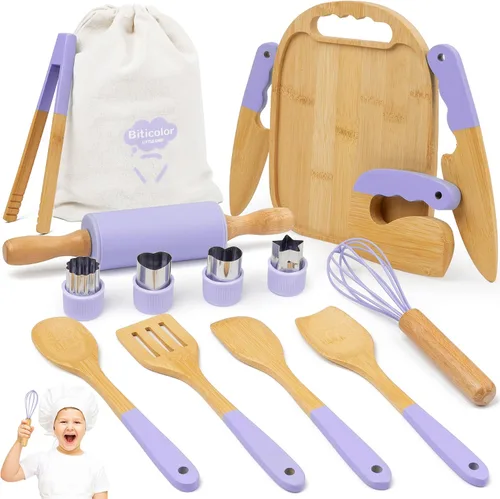 Vista 7 de Juego de cocina Montessori de madera para niños, herramientas de cocina reales y utensilios para hornear, kit de cocina de 15 piezas para niños