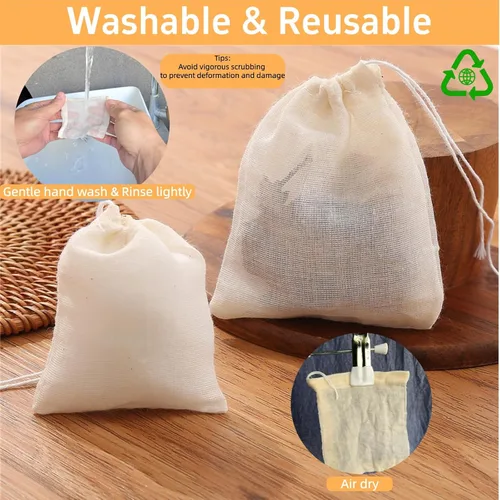Vista 5 de Paquete de 50 bolsas de muselina de algodón con cordón, bolsas de té reutilizables, bolsas de especias/bolsas de filtro para té de hojas sueltas