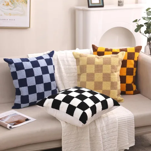 Vista 6 de Alysheer Fundas de almohada decorativas bordadas a cuadros 18"x 18", juego de 2, fundas de almohada de algodón con patrón tuftado de cuadros