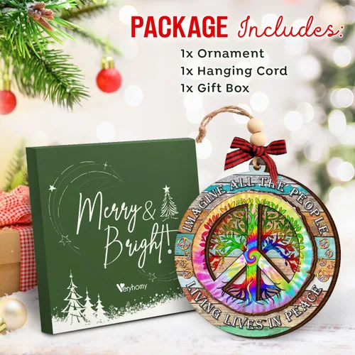 Vista 4 de Adornos de Navidad hippie 2025 – Adorno de madera con signo de paz, regalos retro bohemios, regalos hippie para mujeres y hombres, decoración