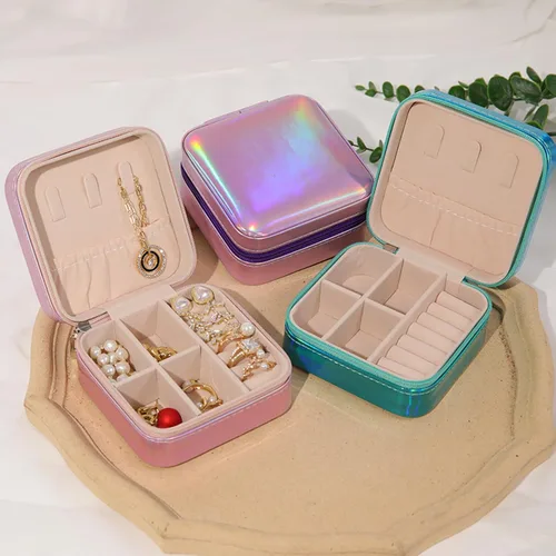 Vista 3 de Organizador de joyas colgante con cremallera, organizador de joyas de viaje, caja pequeña de joyería de piel sintética, joyero para mujeres y niñas