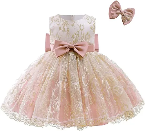 Vista 3 de Vestido de tul de encaje bordado con lazo para bebé, para cumpleaños, concurso, boda, fiesta de Navidad, tutú con clip para el cabello