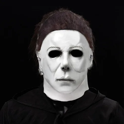 Vista 6 de Máscara de Halloween de látex de cabeza completa, disfraz de cara de película de terror, máscara original con cabello