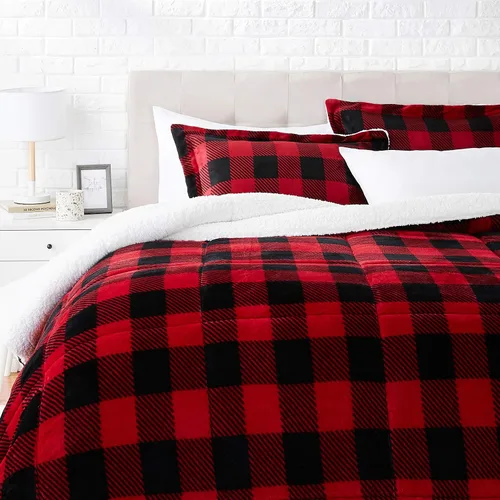 Vista 14 de Amazon Basics - Juego de ropa de cama de 3 piezas, Micromink Sherpa, ultrasuave, edredón cálido para todas las estaciones, tamaño Full/Queen, negro