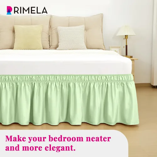 Vista 6 de Falda de cama RIMELA tamaño Queen color verde bebé con caída de 15 pulgadas, falda elástica envolvente, volante que protege contra el polvo