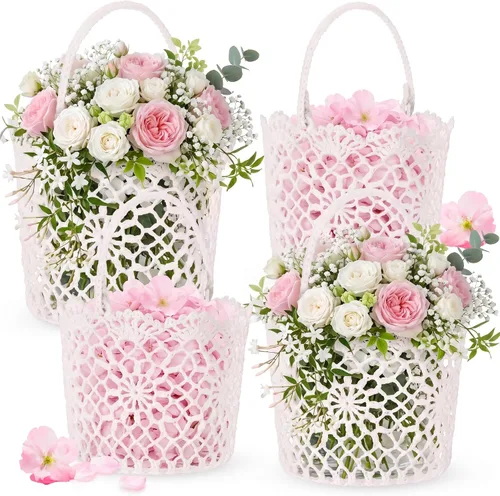 Vista 9 de WILLBOND 4 cestas blancas para niña de las flores con asa para ceremonia de boda, 5.9 x 4.72 x 4.33 pulgadas