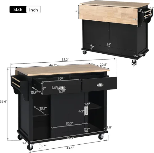 Vista 6 de Olela Carrito de isla de cocina con hojas colgantes de madera, mesa de cocina rodante con armario de almacenamiento y toallero, estante ajustable