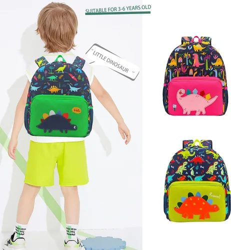 Vista 4 de Mochila escolar de dinosaurio para niños y niñas, preescolar, anaranjado (Orange dinosaur), Moderno