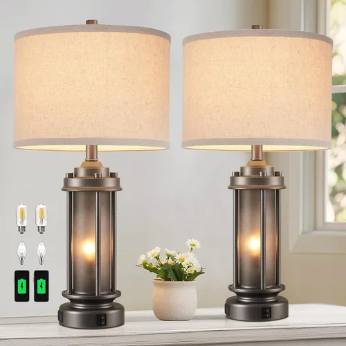 Vista 11 de Lámpara de mesa de granja de 25 pulgadas con 2 puertos de carga USB, lámpara de mesita de noche rústica vintage con luz nocturna de vidrio