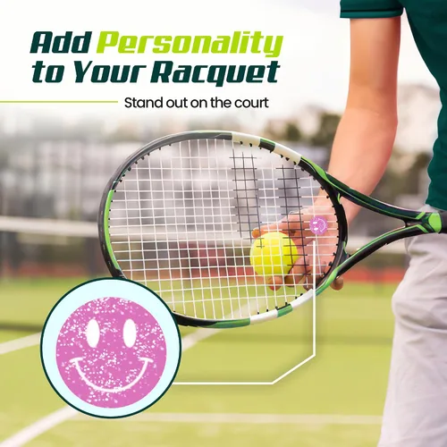 Vista 2 de Amortiguador de raquetas de tenis – Diseños de cara sonriente con purpurina – Amortiguador de impactos de tenis reductor de vibración y ruido