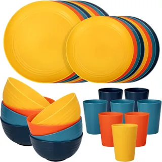 Juego de vajilla de paja de trigo de 32 piezas, juegos de platos y cuencos de plástico para 8, platos y cuencos irrompibles, aptos para lavaplatos y
