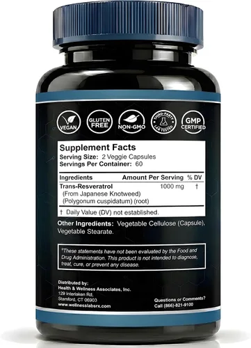 Vista 2 de WELLNESS LABSRX Suplemento de resveratrol de 1000 mg, 120 cápsulas (suministro de 60 días), trans-resveratrol de alta pureza ultra fuerte para un