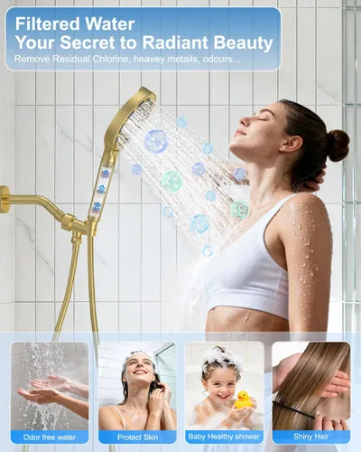 Vista 6 de 11" Brushed Gold Rainfall Shower System – Complete Spa Faucet Set with Filtered Handheld Sprayer & Mixer Valve – Modern High Pressure Bathroom