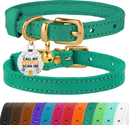 Vista 27 de BRONZEDOG Collar de cuero para gato con campanas extraíbles sin liberación rápida, etiqueta QR para gatito para niña y niño