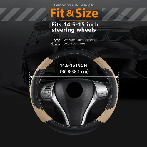 Vista 3 de Funda de cuero para volante de auto, protector antideslizante para volante de auto de cuero de microfibra transpirable, ajuste universal
