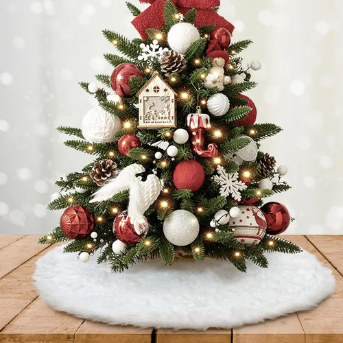 Vista 40 de Falda de Árbol de Navidad de 24 Pulgadas - Falda de Árbol de Piel Sintética Esponjosa Beige Blanca, Decoración Navideña de Felpa de Color Toka