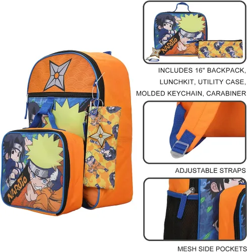 Vista 2 de Naruto Classic Sasuke Vs Naruto - Juego de mochila juvenil de 5 piezas de 16 pulgadas, Naranja