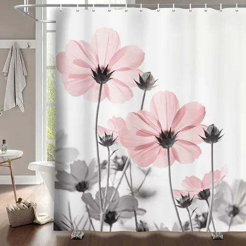 Vista 53 de MERCHR Cortina única floral azul para decoración de baño, cortina de ducha estilo granja con flores de margarita azul y gris elegantes y diseño