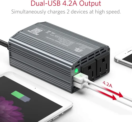 Vista 2 de Inversor de corriente Bestek 300 W CC 12 V a 110 V CA con adaptador de auto con puerto USB doble 4.2 A Gris