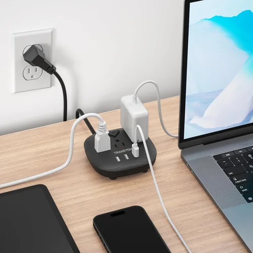 Vista 5 de Regleta de alimentación de 3 tomas y 3 puertos USB con control de interruptor, estación de carga de escritorio con cable de extensión de 5 pies