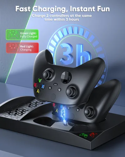 Vista 3 de Charger Stand with Cooling Fan for Xbox Series S Console and Controller,Vertical Dual Charging Dock Accessories with 2 x 1400mAh Rechargeable Negro