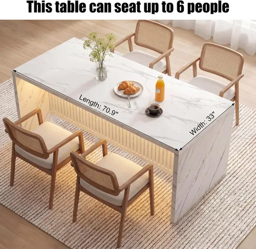 Vista 12 de Mesa de comedor grande de mármol sintético de 71 pulgadas para 4-6 personas, isla de cocina moderna con luces LED, mesa de comedor rectangular
