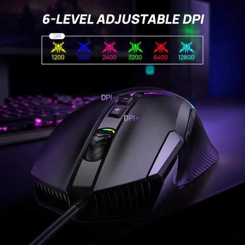 Vista 2 de TECKNET Ratón para juegos con cable, 12,800 DPI con sensor óptico, 8 botones programables, 13 modos retroiluminados RGB, diseño ergonómico, ratones