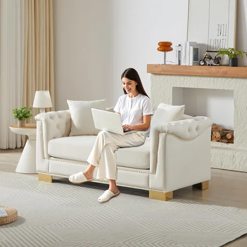 Vista 12 de Chesterfield - Juego de 2 sofás combinados de terciopelo de 3 plazas, 4 cojines clásicos de 6.5 pulgadas, brazo enrollado moderno adecuado para sala
