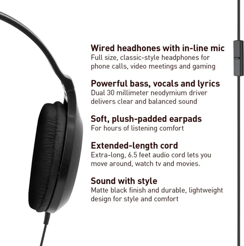 Vista 2 de Panasonic Auriculares ligeros con cable sobre la oreja con micrófono, sonido y XBS para extra graves, cable largo, conector de 3.5mm para teléfonos