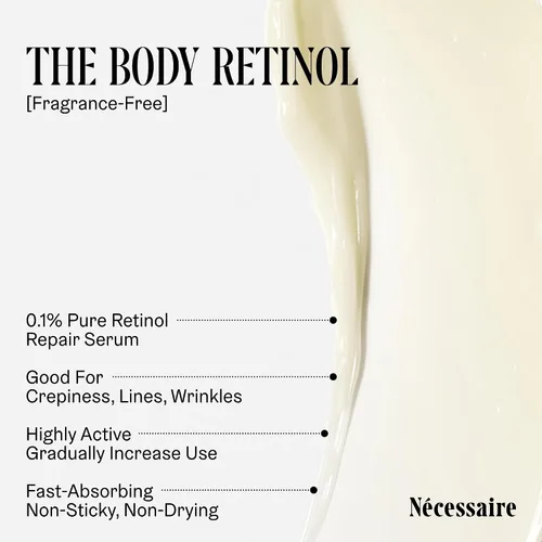 Vista 4 de Nécessaire The Body Retinol - Suero reparador reafirmante + loción corporal de retinol para mujeres y hombres. Prevención de arrugas + líneas. 0.1%