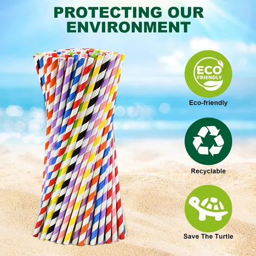 Vista 7 de Pajitas de papel desechables envueltas individualmente de 7.75 x 0.24 pulgadas, rayas coloridas [400 unidades] - biodegradables ecológicos