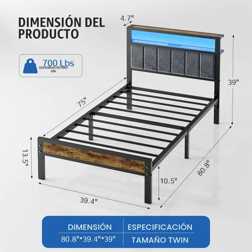 Vista 2 de Liians Base de cama tamaño individual con luces LED, cabecera tapizada gris Platform Bed with 2-Tier Storage Shelf, Charging Station, Noise Free