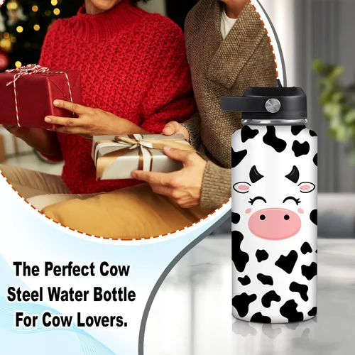 Vista 3 de Hyturtle Botella de agua personalizada de vaca, botella de acero inoxidable aislada con tapa a prueba de fugas, 18 onzas, 32 onzas, regalo