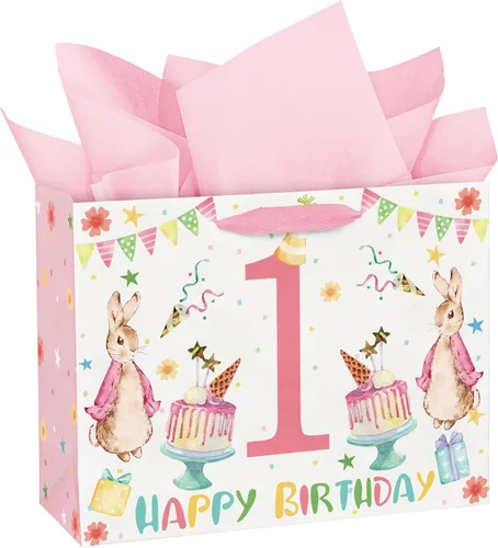 Vista 10 de WRAPAHOLIC Bolsa de regalo grande de 13 pulgadas con tarjeta y papel de seda, adorable bolsa de regalo de elefante para bebé, baby shower, fiesta