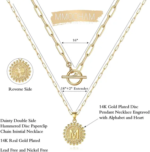 Vista 5 de Collares con iniciales en capas de oro para mujer, collar de cadena de clip chapado en oro real de 14 quilates, collares con inicial, gargantilla