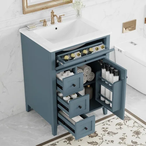 Vista 13 de Harper & Bright Designs Tocador de baño de 24 pulgadas con lavabo, juego de tocador independiente con 4 cajones, estantes de almacenamiento y Negro