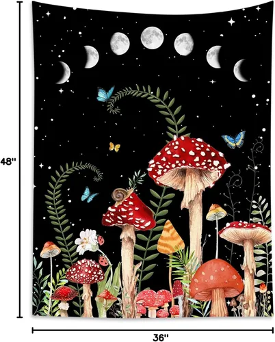 Vista 9 de HVEST Tapiz de hongos para colgar en la pared, tapiz bohemio de plantas y mariposas, noche con fase lunar y estrella, decoración de pared