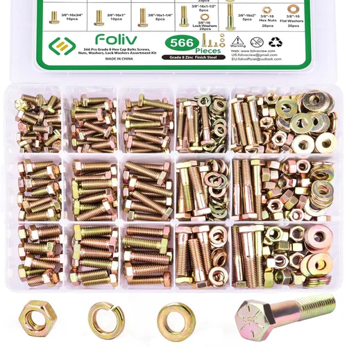 Vista 9 de FOLIV Kit surtido de 523 tornillos y tuercas de grado 8, surtido de tuercas y pernos resistentes, pernos hexagonales SAE 1/4-20 5/16-18 3/8-16