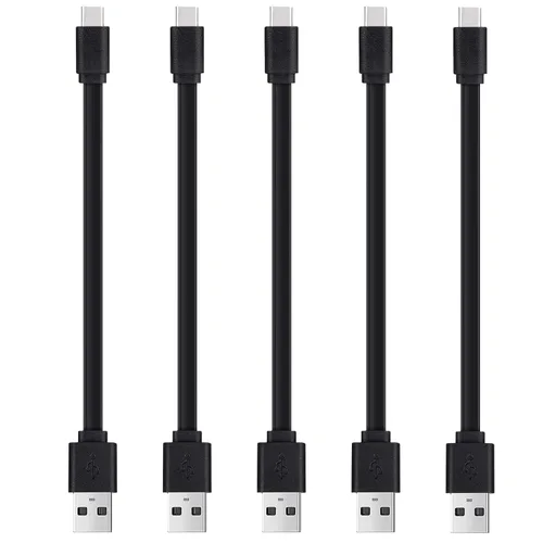 Vista 7 de Cable plano USB A a USB C de 1 pie, cable corto de carga rápida, paquete de Negro