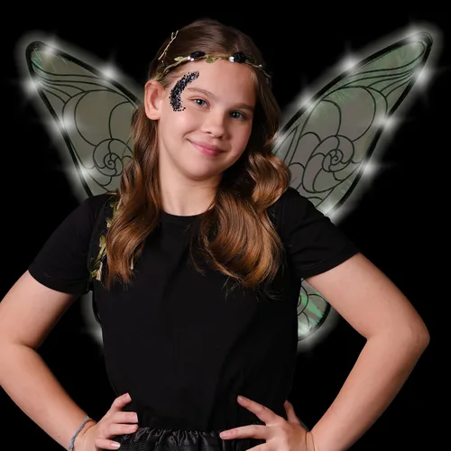 Vista 6 de Disfraz de hada Funcredible para mujeres y niñas - Alas de hada con luz y corona de flores, brillo - Alas de mariposa Negro
