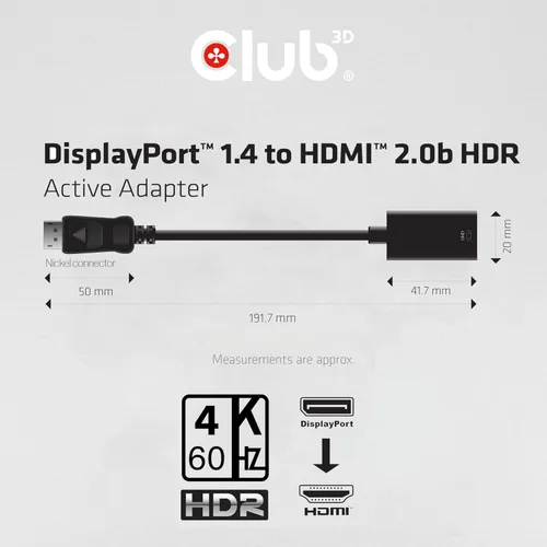 Vista 5 de Club 3D CAC-1080 DisplayPort 1.4 a HDMI 2.0b HDR Adaptador Activo M/F UHD 4096x2160 output, plug and play on Windows and Mac, links laptops and