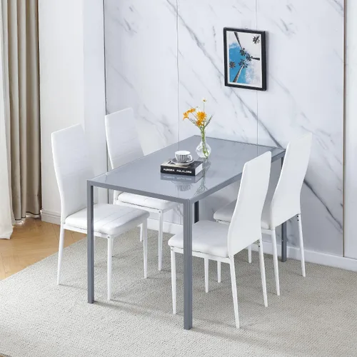 Vista 9 de Juego de 4 mesas de comedor y sillas negras modernas de 5 piezas para cocina pequeña, mesa rectangular de vidrio templado y 4 sillas de terciopelo